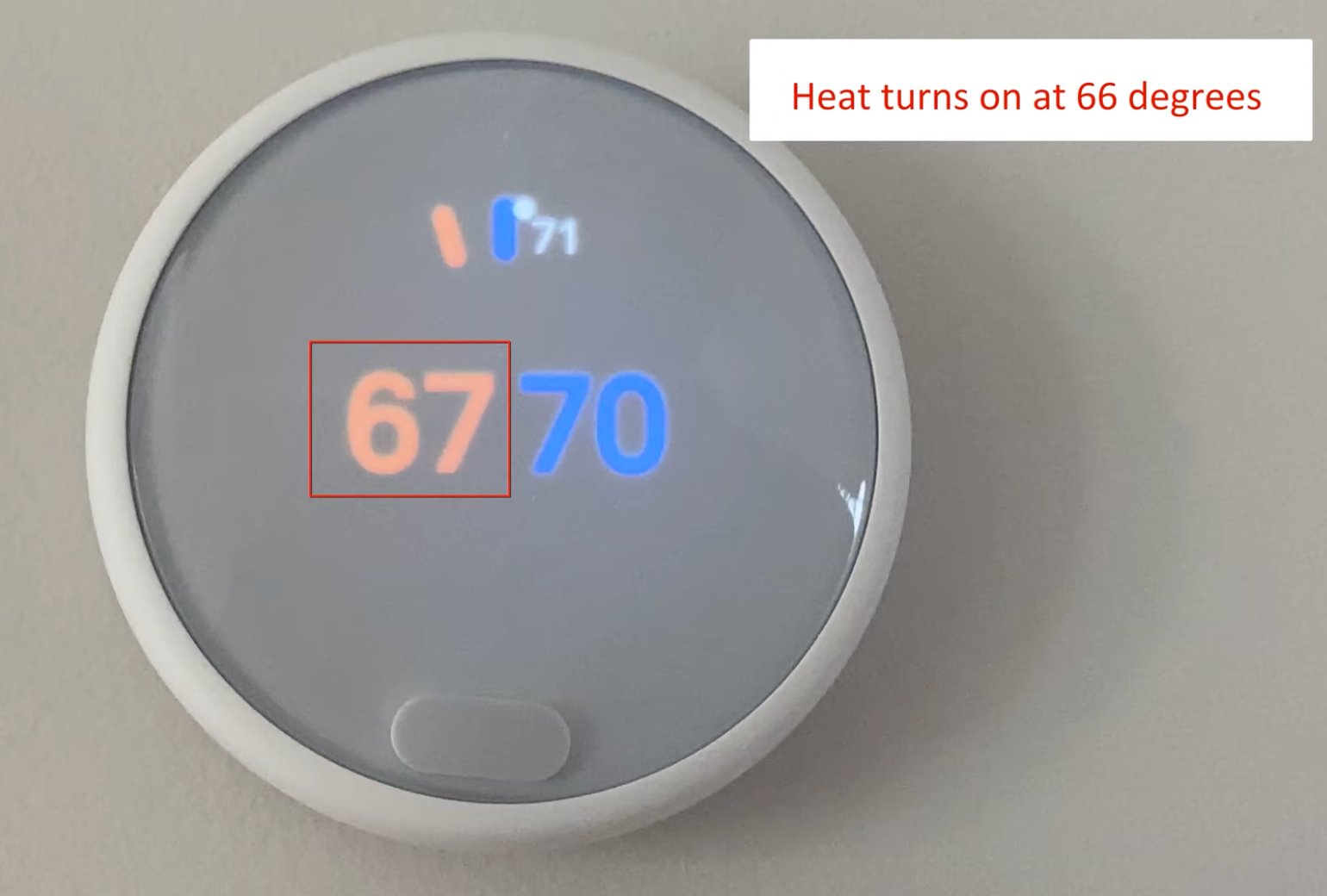 Nest E thermostat showing the heat-to / cool-to temperature range